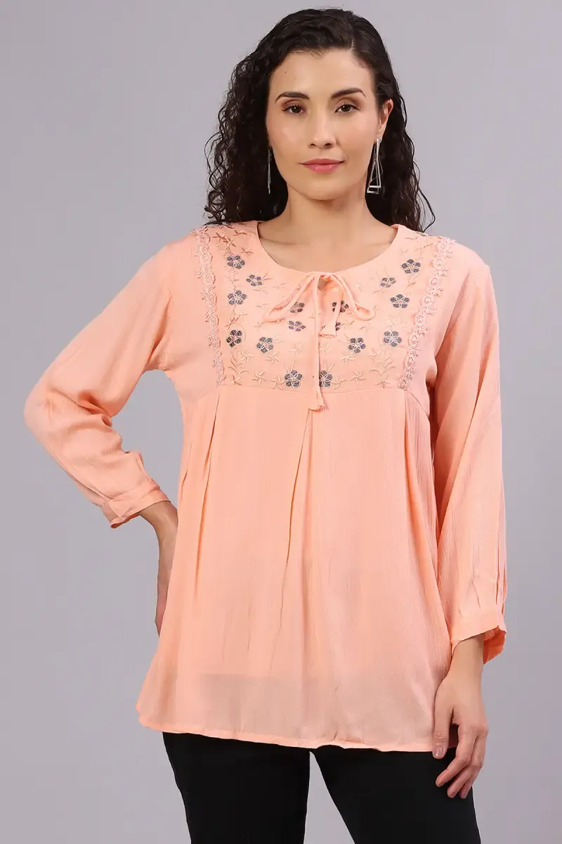 Georgette Embroidered Tie-Up Neck Top for Women
