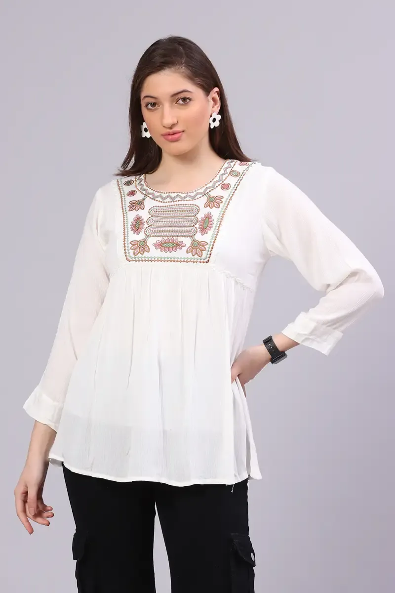 Georgette Embroidered Longline Top for Women 016943XLWHI