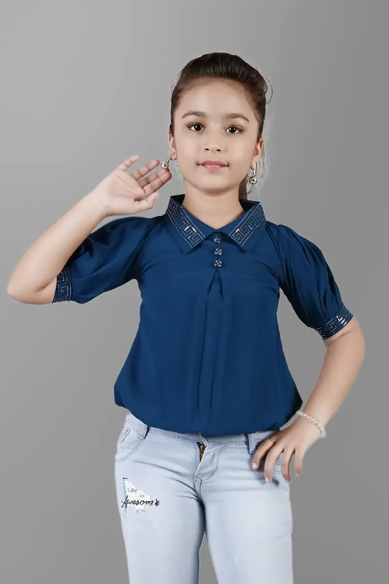 Girl's Georgette Solid Peplum Tops(5 - 17 Yrs) 0171311516YRSTEABLU