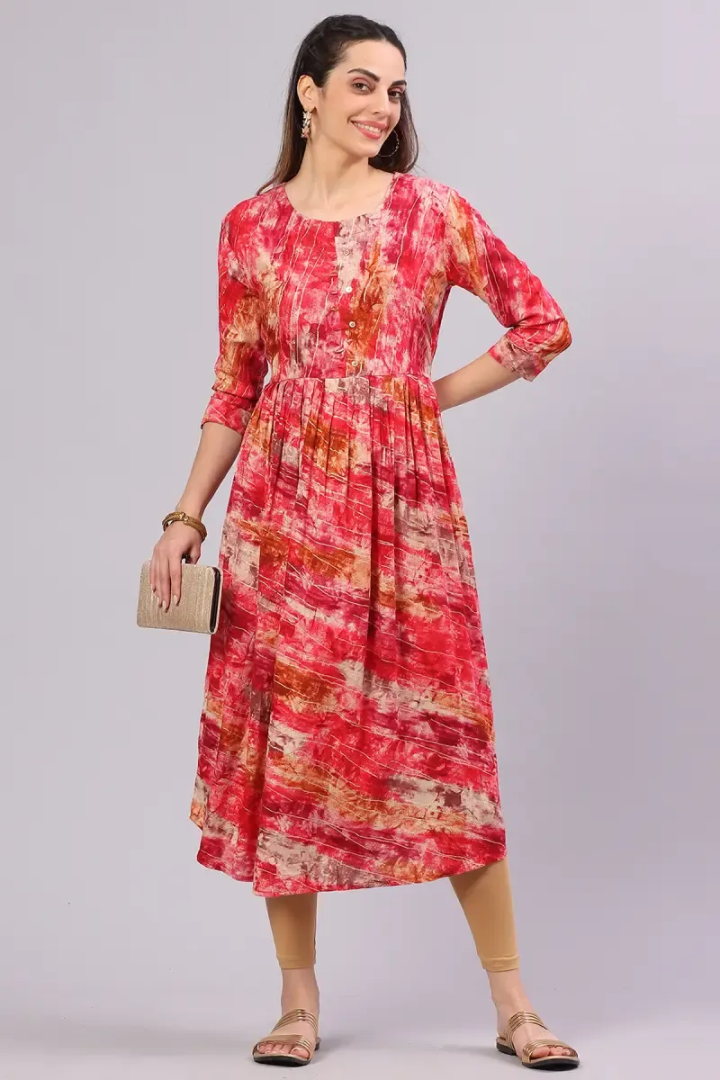 Rayon Printed Anarkali Kurti for Women 017471XXLRED - Red kurti - XXL kurti