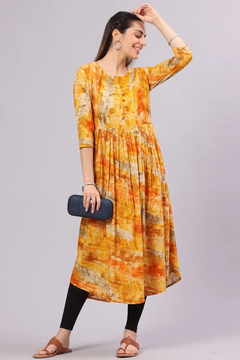Rayon Printed Anarkali Kurti for Women 017471XXLYEL - Yellow kurti - XXL kurti