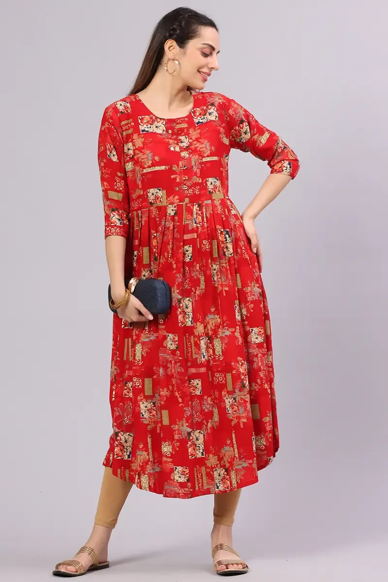 Rayon Printed Anarkali Kurta for Women 017476LRED - Red kurti - L kurti