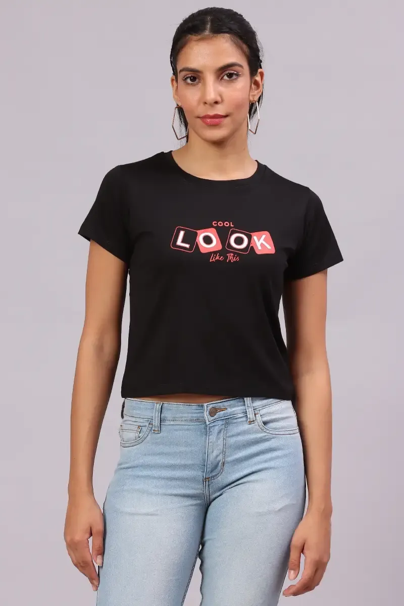 Lycra Typographic Printed T-Shirt for Women 017612XXLBLA