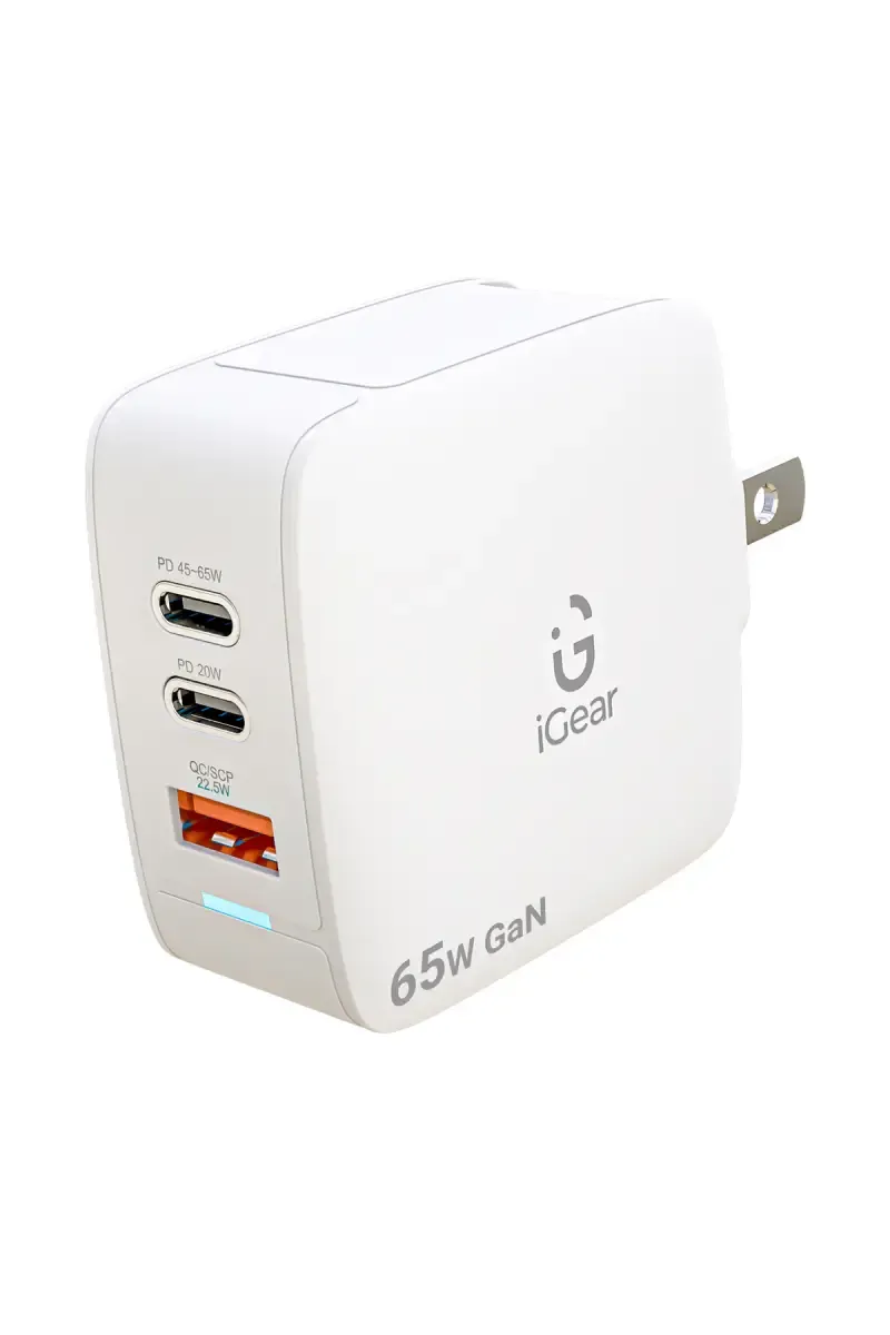 iGear Core 65 65 W USB Triple Port Charger Adapter with GaN Technology (White)