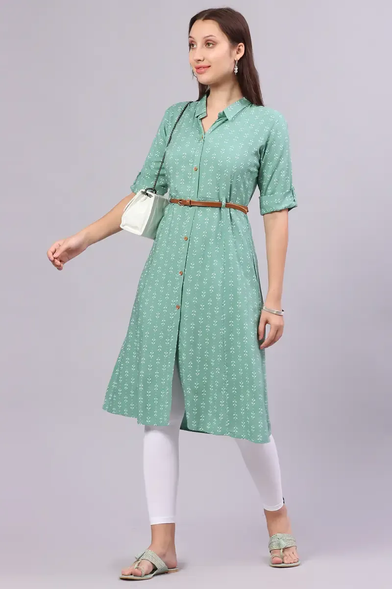 Cotton Blend Printed Kurta with Belt for Women 0176623XLSEAGRE