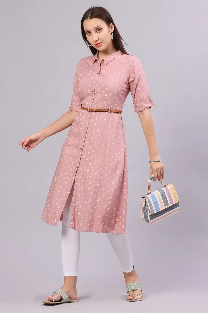 Cotton Blend Printed Kurta with Belt for Women