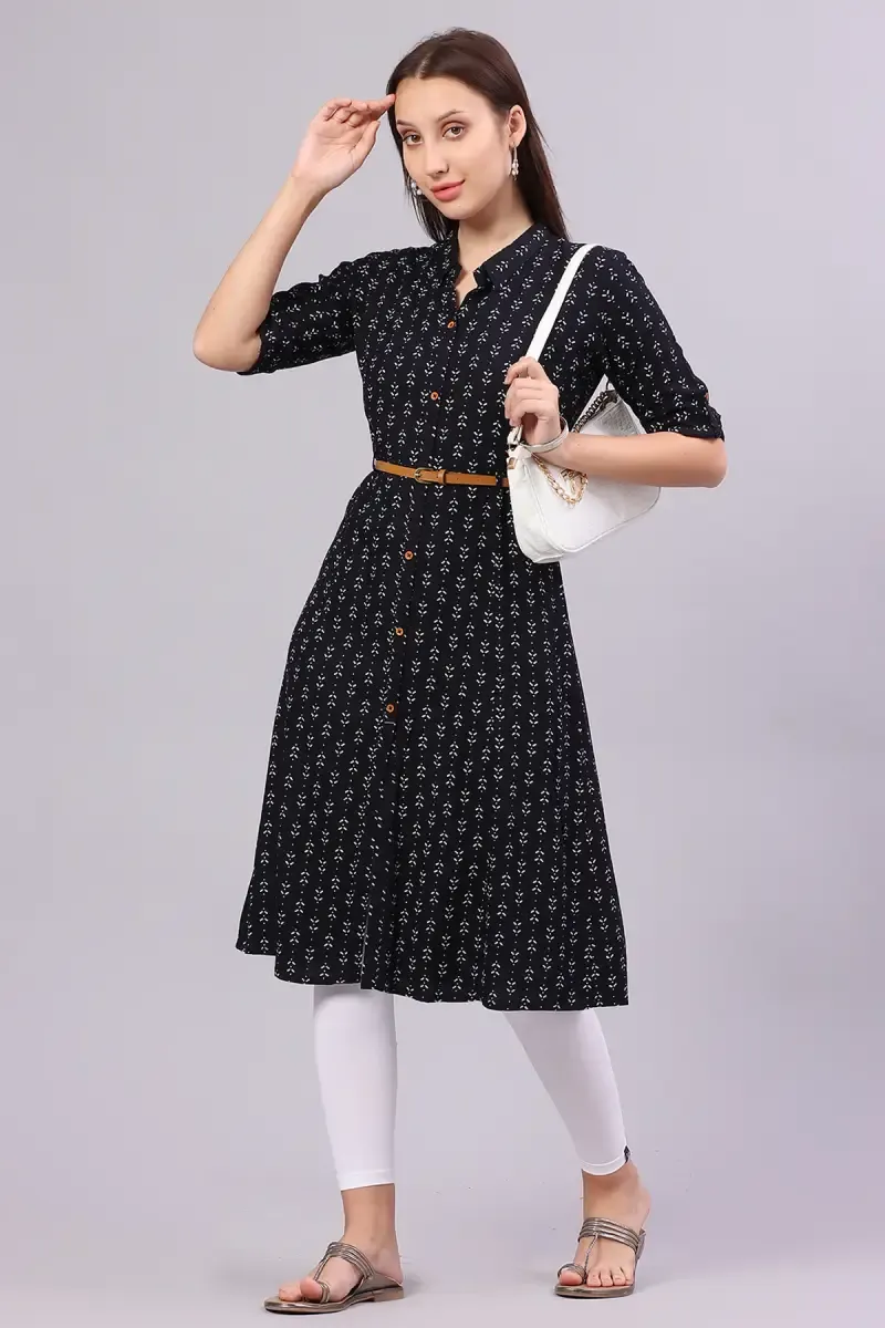 Cotton Blend Printed Kurta with Belt for Women 017662XXLBLA - Black kurti - XXL kurti