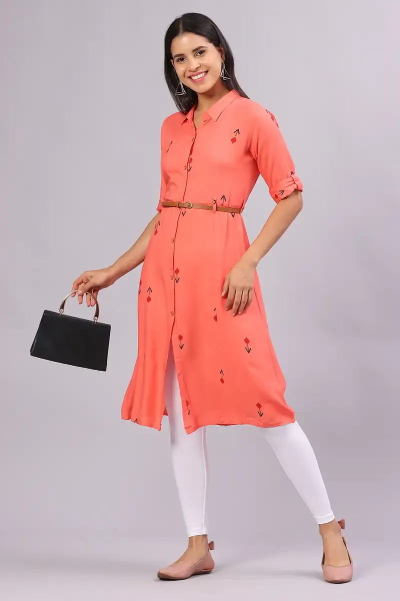 Cotton Blend Printed Kurti with Belt for Women