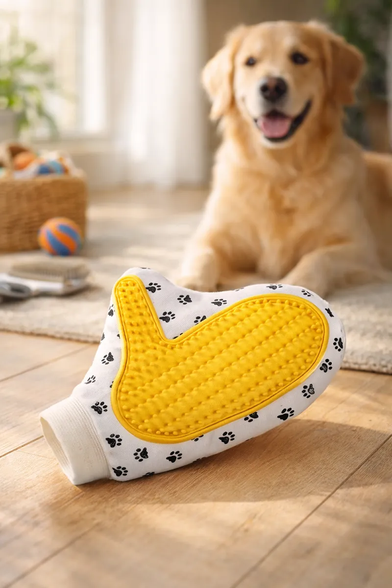 Canine Pet Grooming Glove Brush for Dogs (Yellow, Regular) - Pack of 1