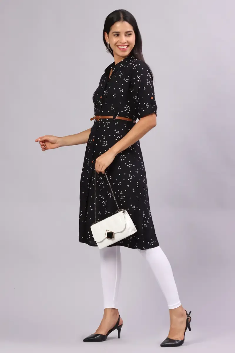 Cotton Blend Printed Kurta with Belt for Women 017680MBLA - Black kurti - M kurti