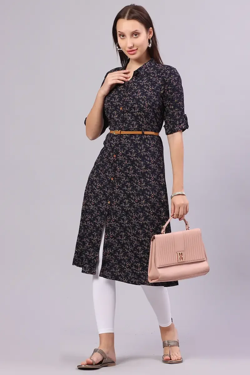 Cotton Blend Printed Kurti with Belt for Women 0176823XLNAVBLU