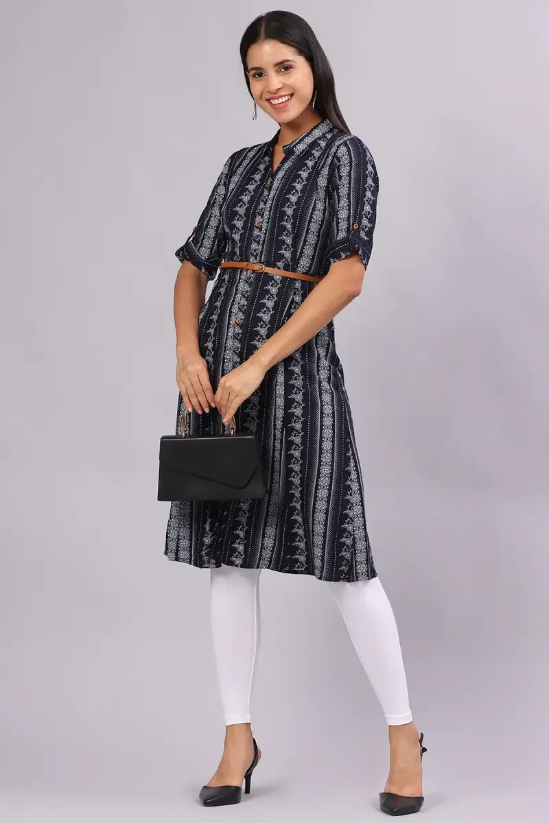 Cotton Blend Printed Kurti with Belt for Women 0176883XLNAVBLU