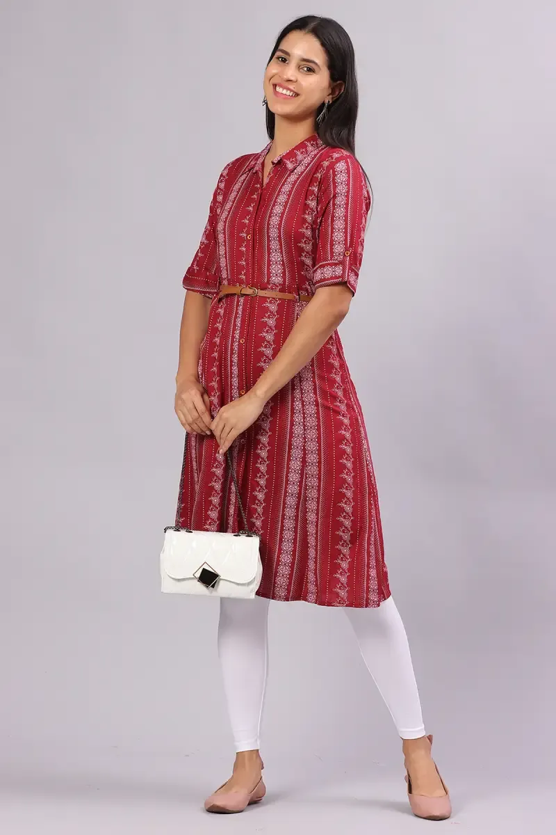 Cotton Blend Printed Kurti with Belt for Women