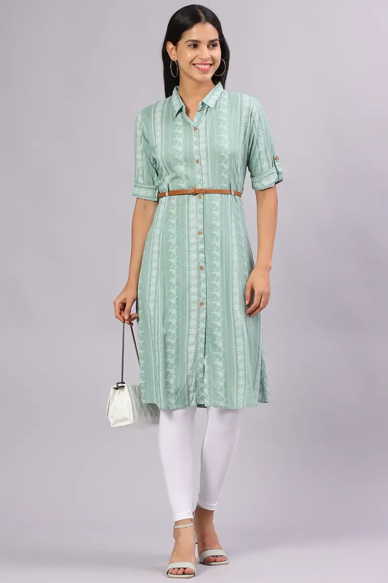 Cotton Blend Printed Kurti with Belt for Women