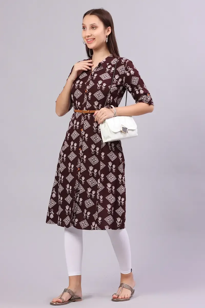 Cotton Blend Printed Kurti with Belt for Women 017691XLBRO2