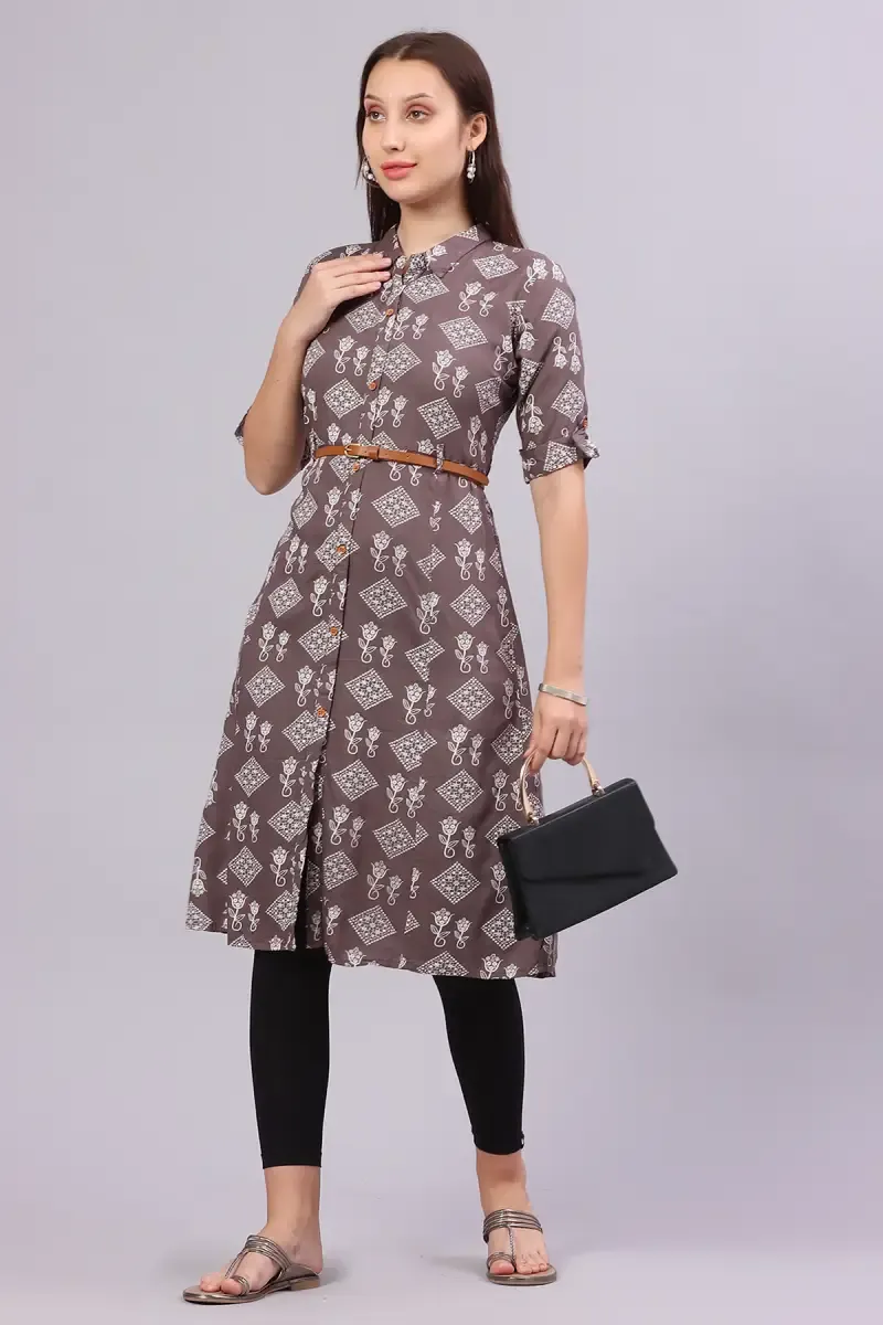 Cotton Blend Printed Kurti with Belt for Women 017691XLGRE
