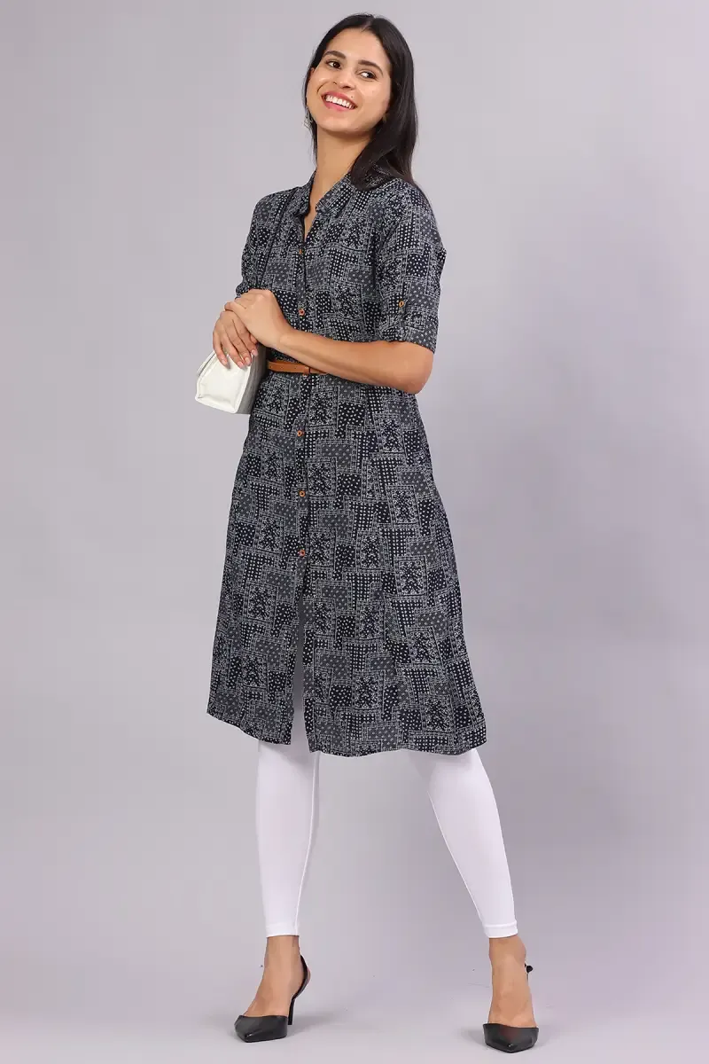 Cotton Blend Printed Kurta with Belt for Women 017693LNAVBLU