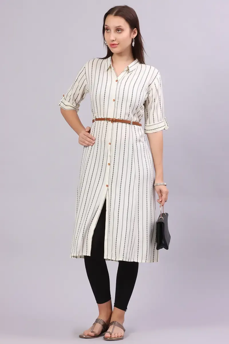 Cotton Blend Striped Kurti with Belt for Women 017694MOFFWHI