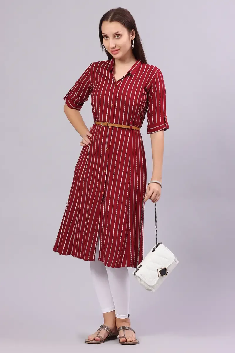 Cotton Blend Striped Kurti with Belt for Women