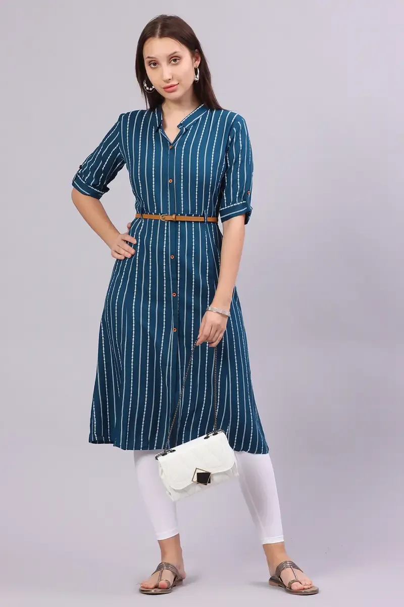 Cotton Blend Striped Kurti with Belt for Women 017694XXLTEA