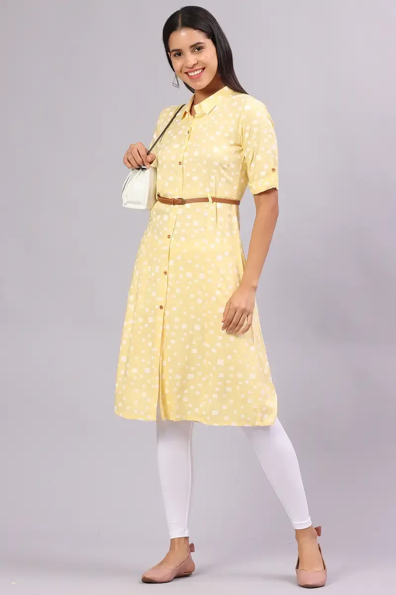 Cotton Blend Printed Kurta with Belt for Women 0176963XLYEL - Yellow kurti - 3XL kurti