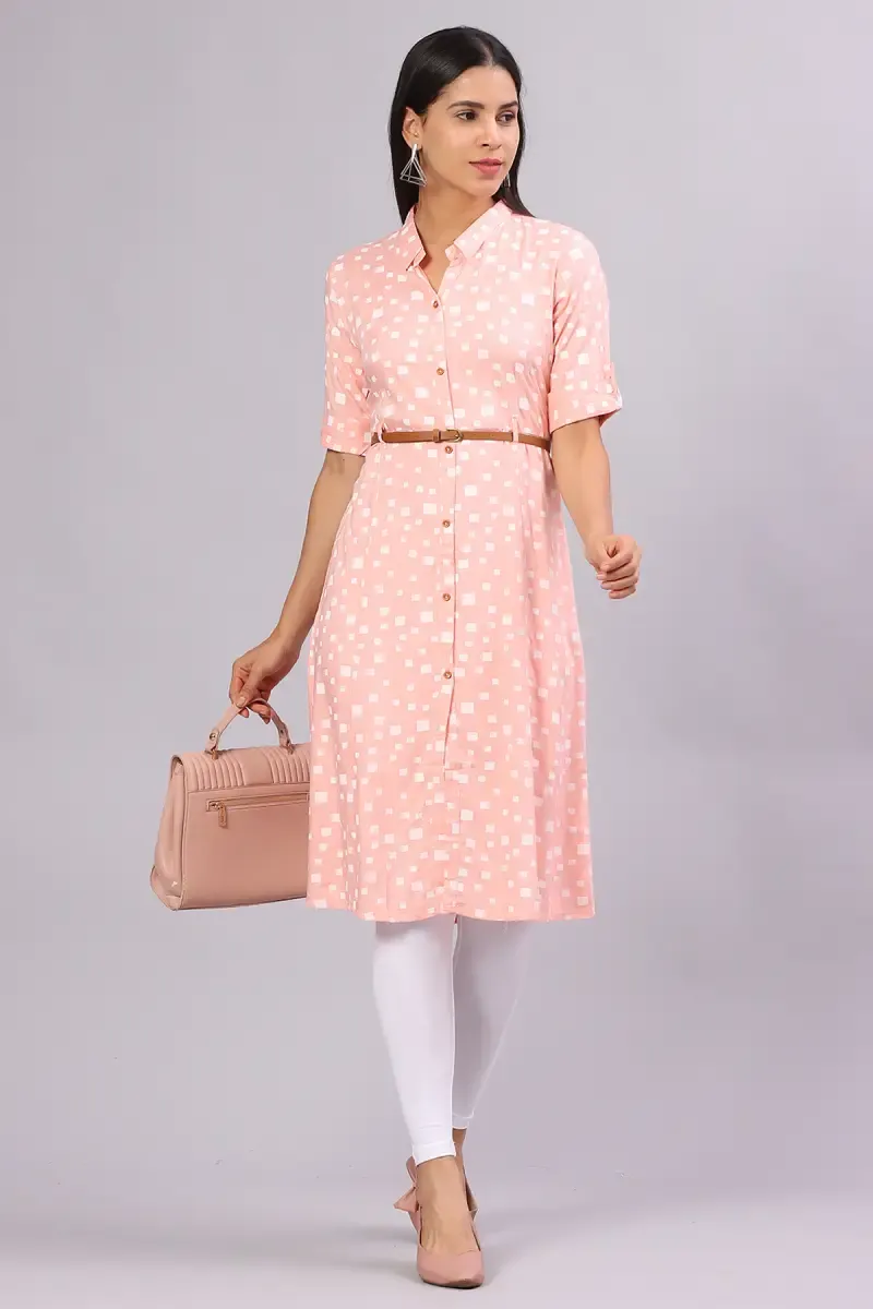 Cotton Blend Printed Kurta with Belt for Women 017696XLPEA