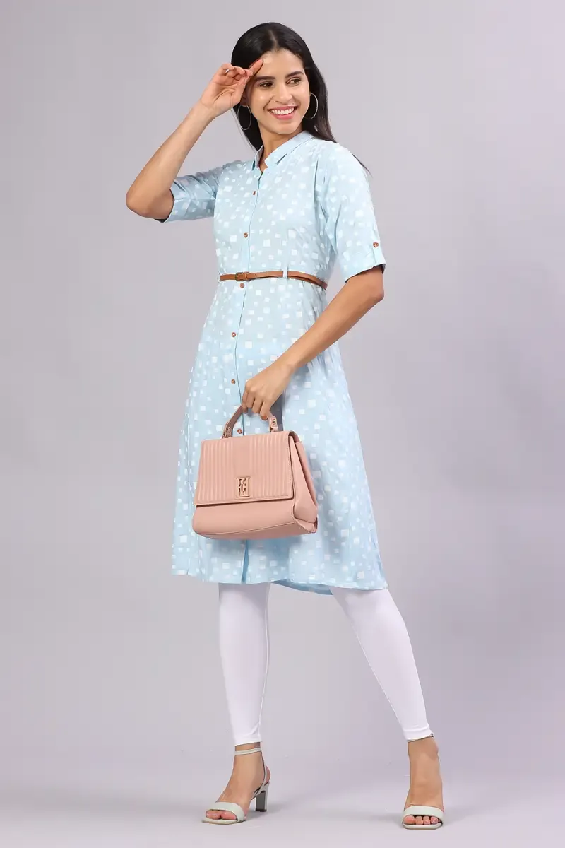 Cotton Blend Printed Kurta with Belt for Women 017696XLSKYBLU