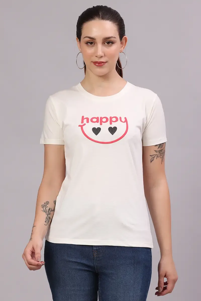 Cotton Lycra Graphic Print T-Shirt for Women 017824XLOFFWHI