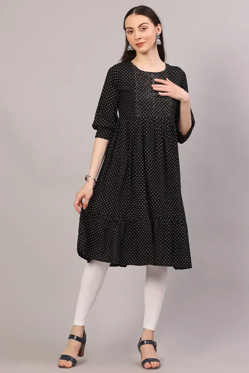 Rayon Printed Kurti for Women 017852XXLBLA - Black kurti - XXL kurti