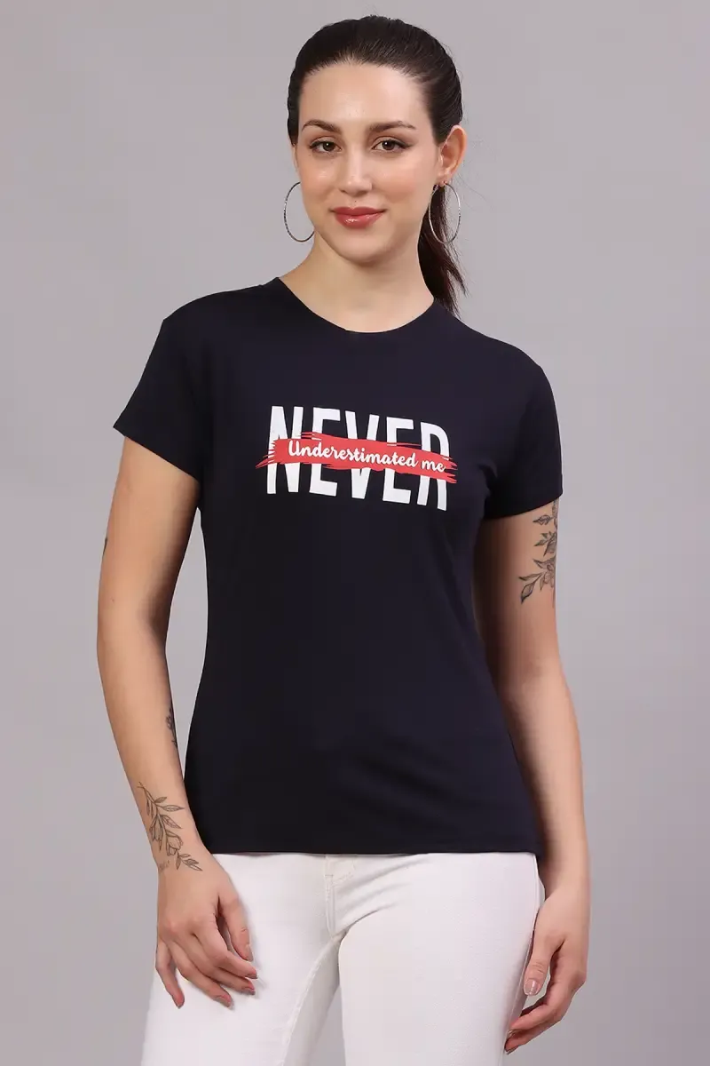 Cotton Lycra Typographic Print T-Shirt for Women 017853XLNAVBLU