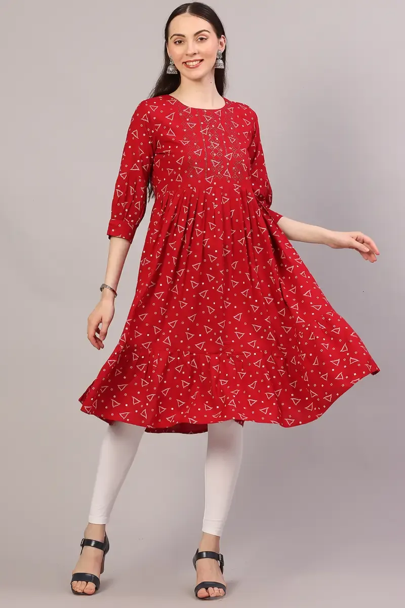 Rayon Printed Kurti for Women  017865XXLRED - Red kurti - XXL kurti