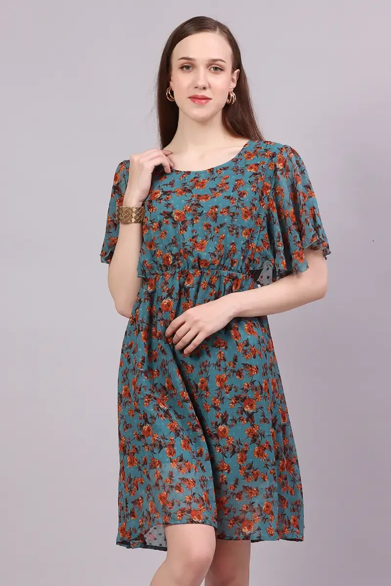 Women's Georgette Floral Print Flared Dress 017867TEAM