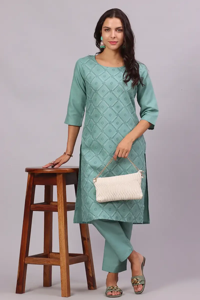 Cotton Printed Kurti with Pant Set for Women  017887XLGRE