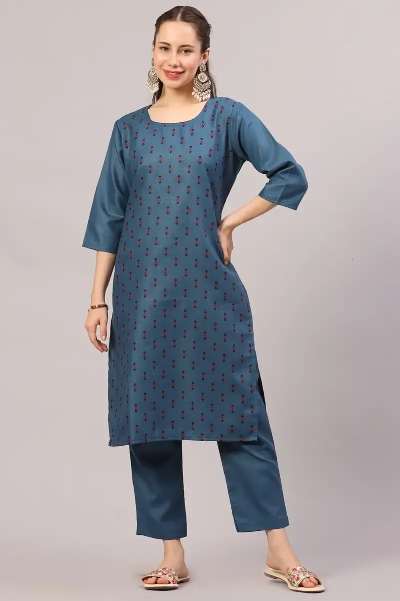 Cotton Printed Kurta with Pant Set for Women  017895LTEA