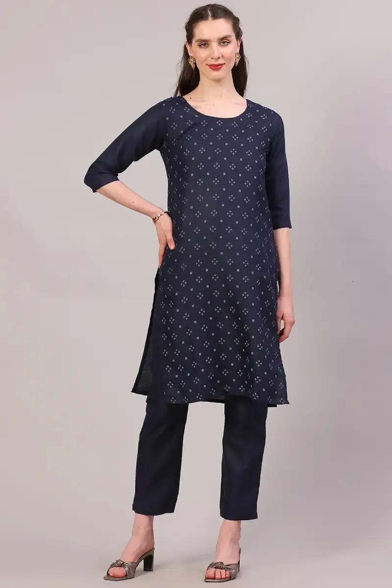 Cotton Printed Kurti with Pant Set for Women 017919LNAVBLU