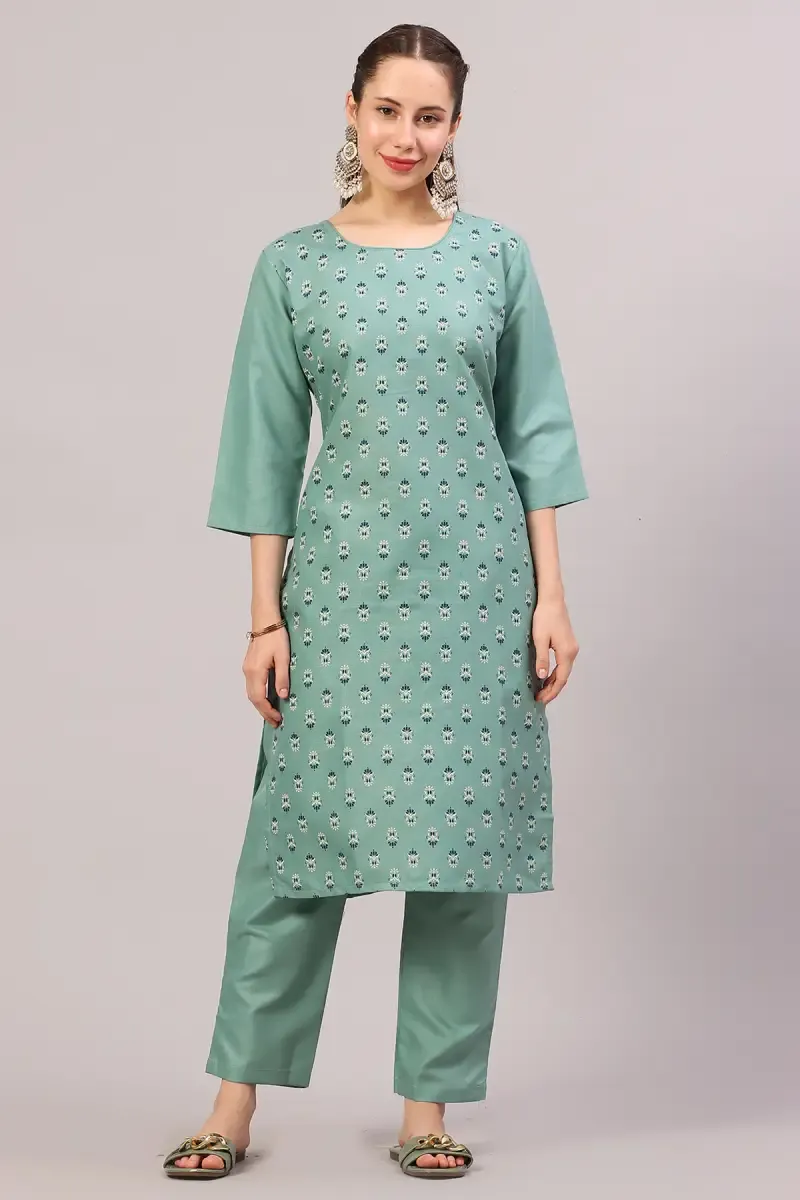 Cotton Printed Kurta with Pant Set for Women 017920XXLGRE