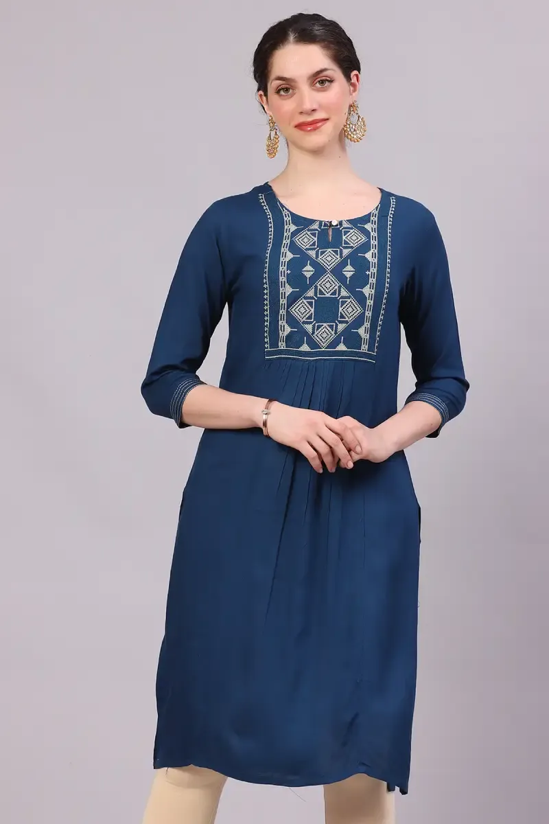 Rayon Embroidered Kurti for Women  018006XLDARBLU2