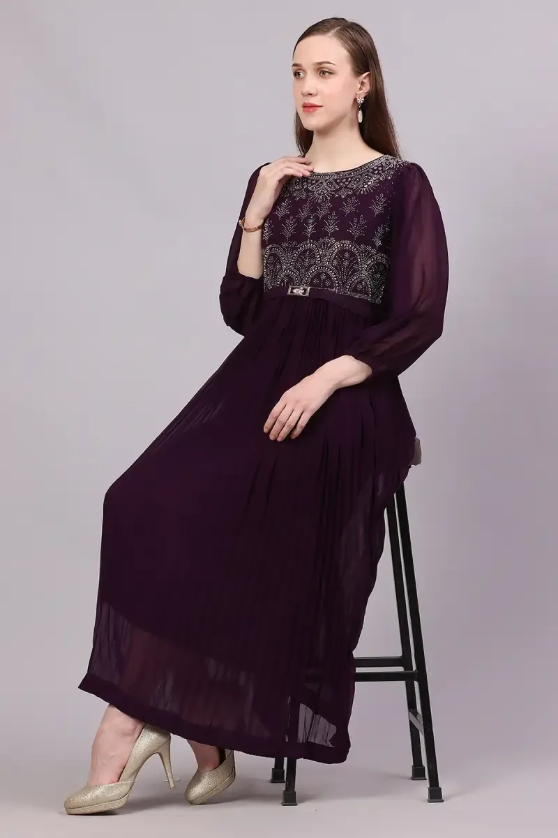 Chiffon Sequined Flared Gown for Women 018024XXLPUR