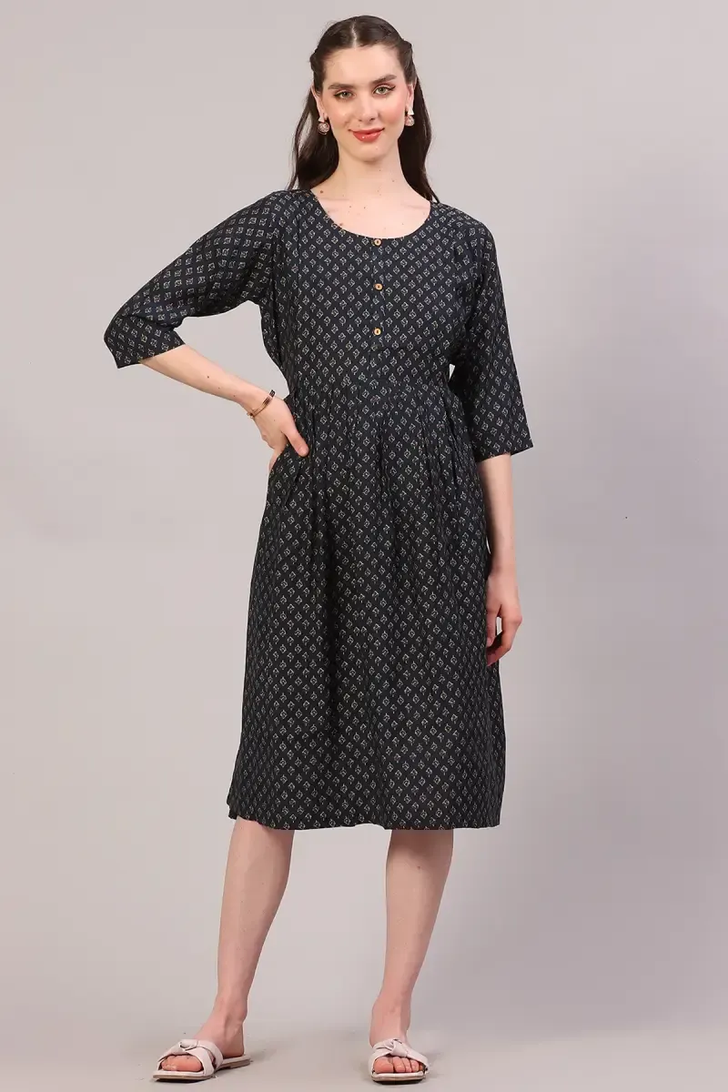 Cotton Blend Ethnic Motifs Print Maternity Kurti for Women 018035XLNAVBLU