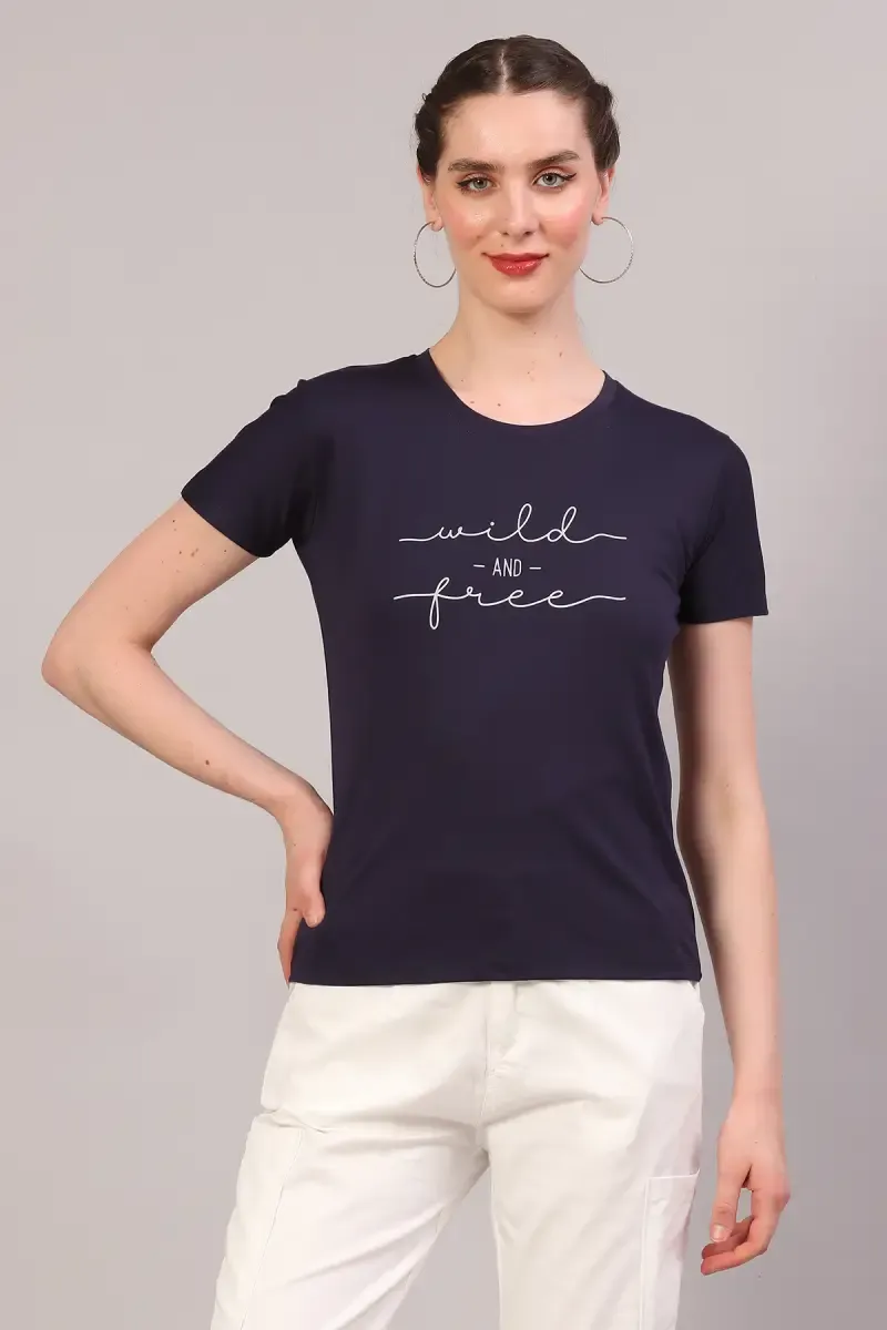 Cotton Blend Printed T-Shirt for Women 018102LNAVBLU