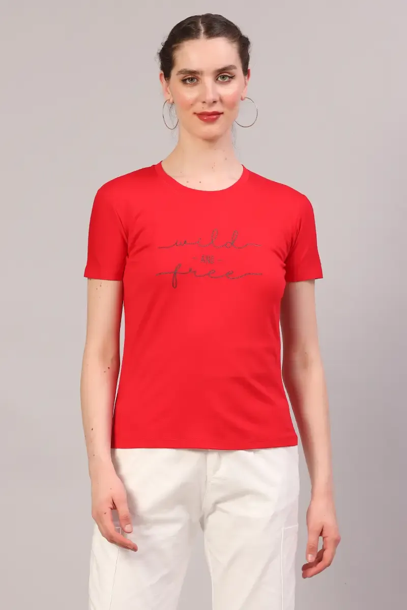 Cotton Blend Printed T-Shirt for Women 018102XLRED