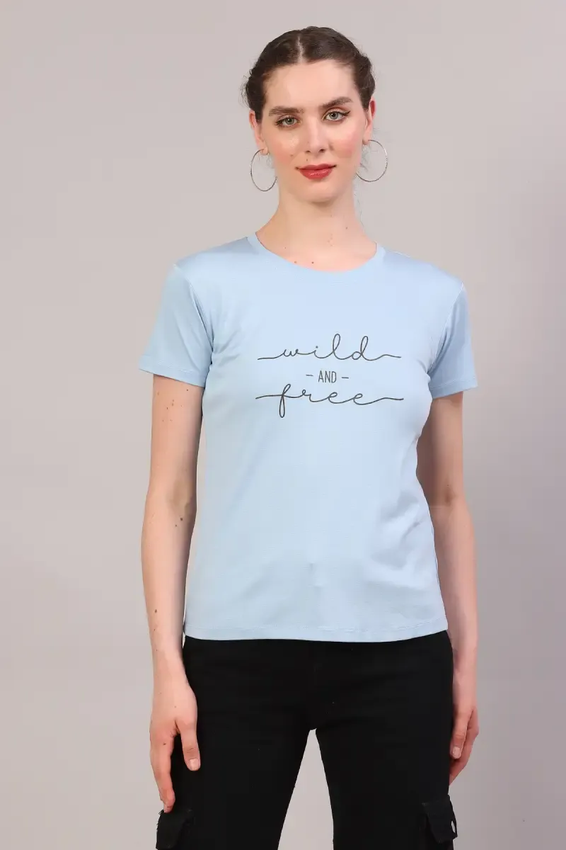 Cotton Blend Printed T-Shirt for Women 018102XXLBLU