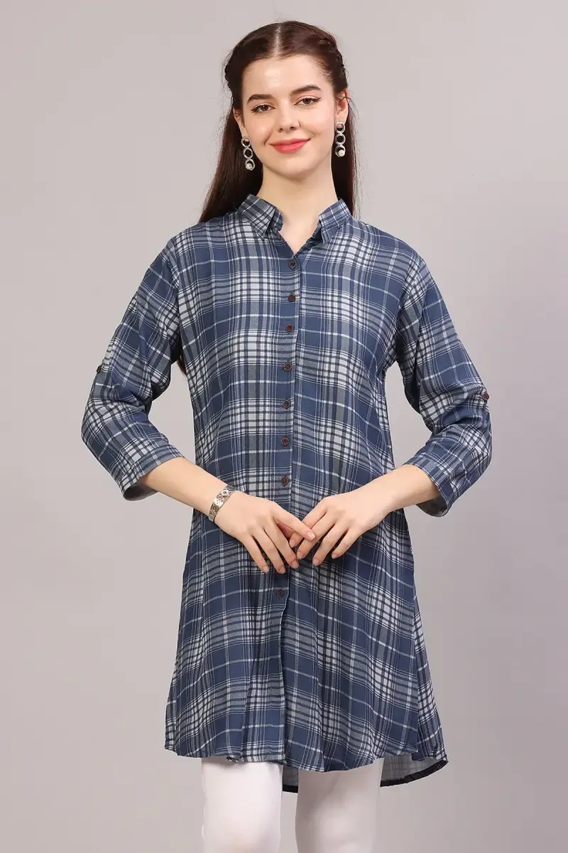 Cotton Checkered Kurti for Women 018173XLBLU - Blue kurti - XL kurti