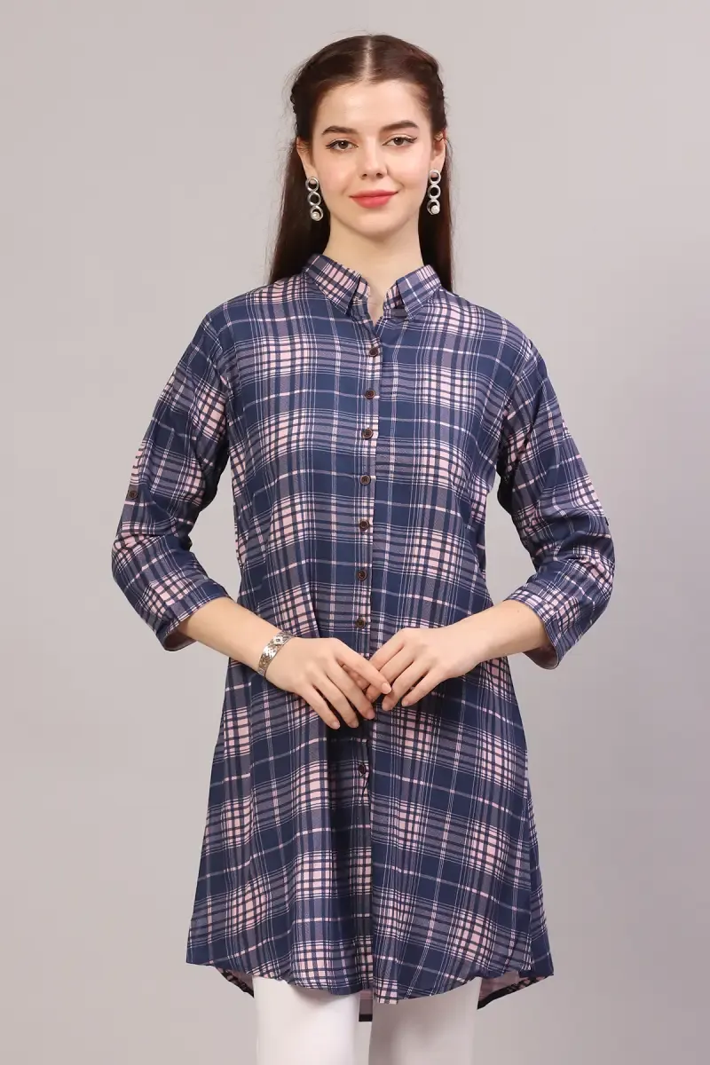 Cotton Checkered Kurti for Women 018173XXLPIN - Pink kurti - XXL kurti