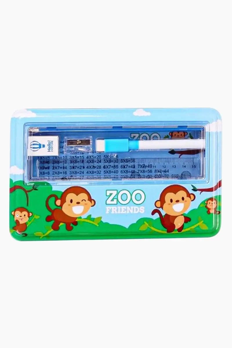 Zoo Friends Printed Metal Pencil Case for Kids (Light blue) - Pack of 1
