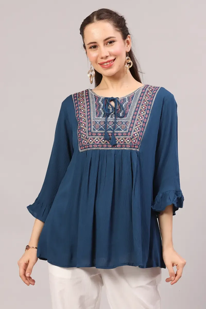  Cotton Blend Embroidered Longline Top for Women 018505XLBLU