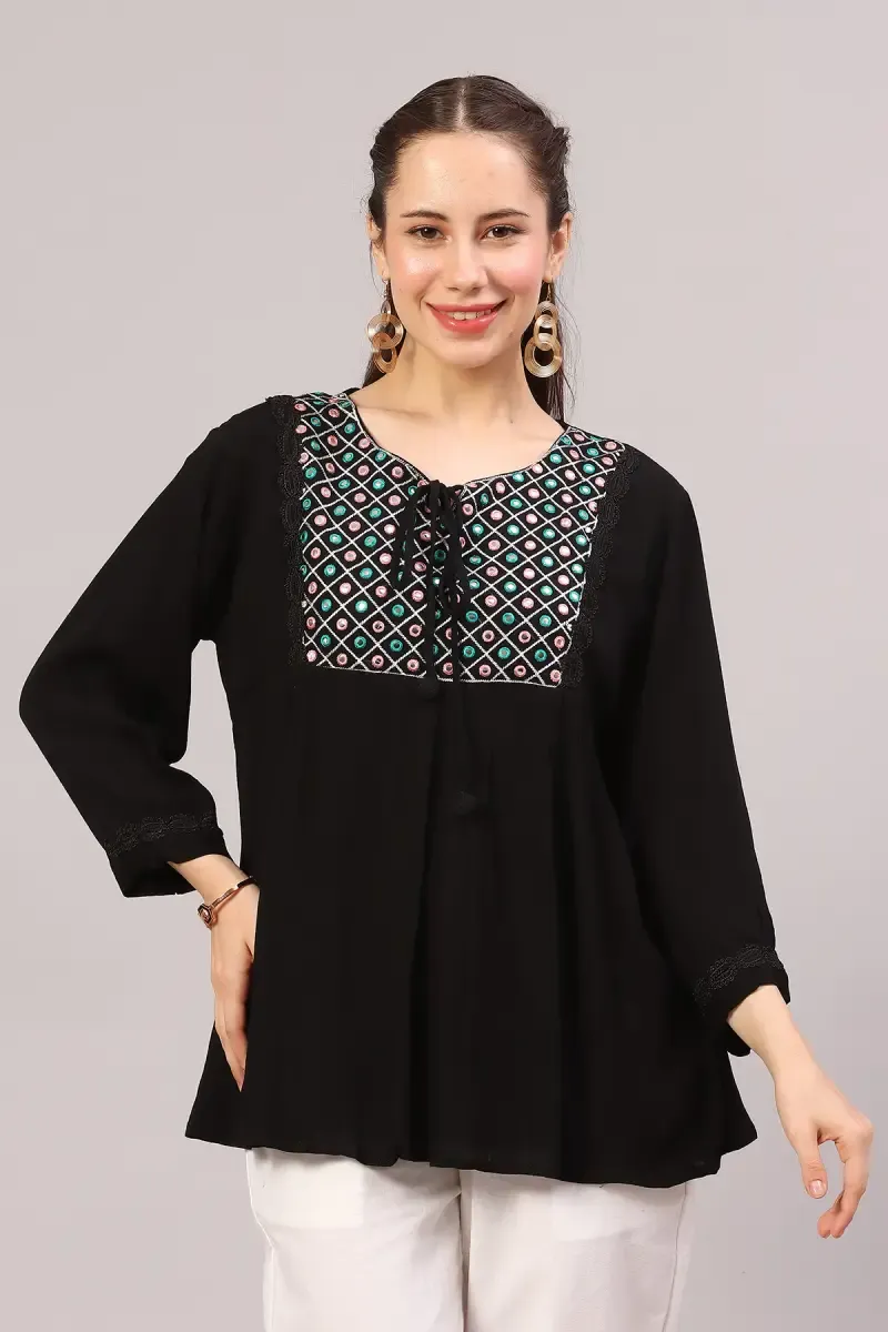 Cotton Blend Embroidered Longline Top for Women 018512LBLA2