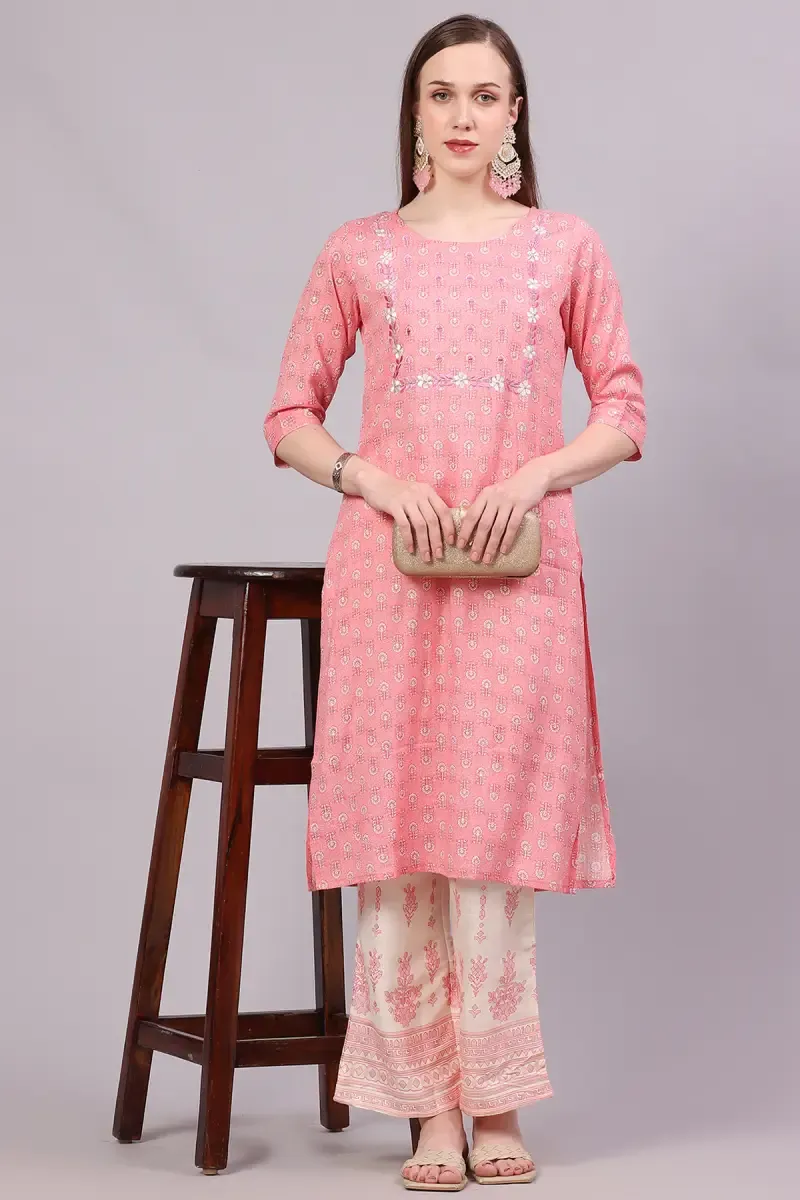 Cotton Embroidered Kurti with Palazzo Set for Women  018550XLPEA