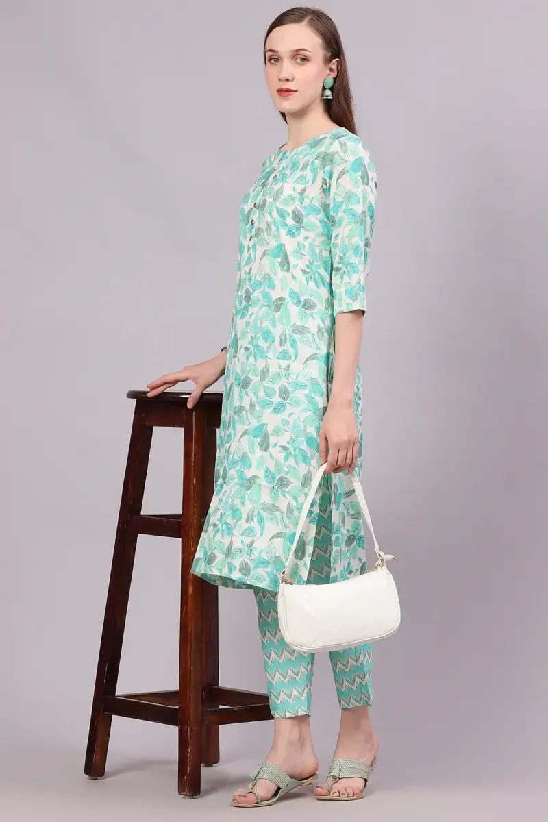 Cotton Blend Printed Kurti with Pant Set for Women  018563XLAQU