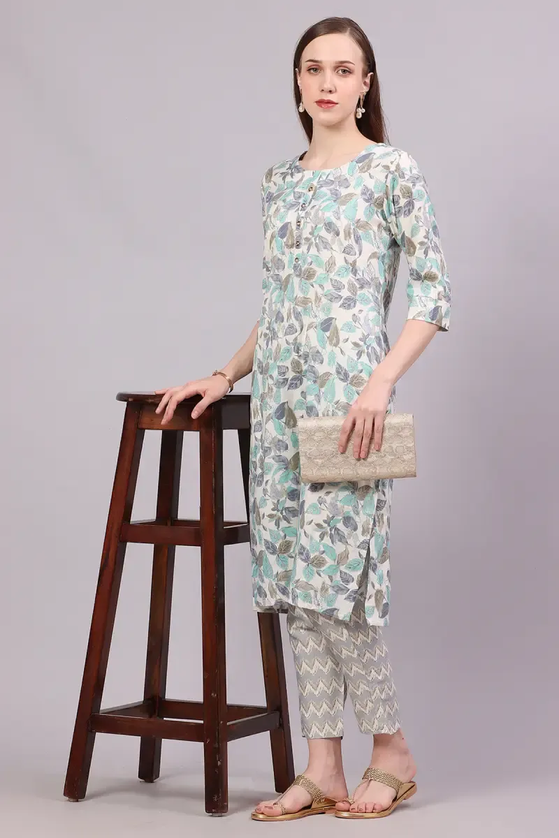 Cotton Blend Printed Kurti with Pant Set for Women  018563XXLGRE